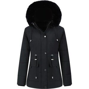 👑Women's Black Warm Winter Puffer Coat Fleece Jacket Faux Fur Detachable Hood